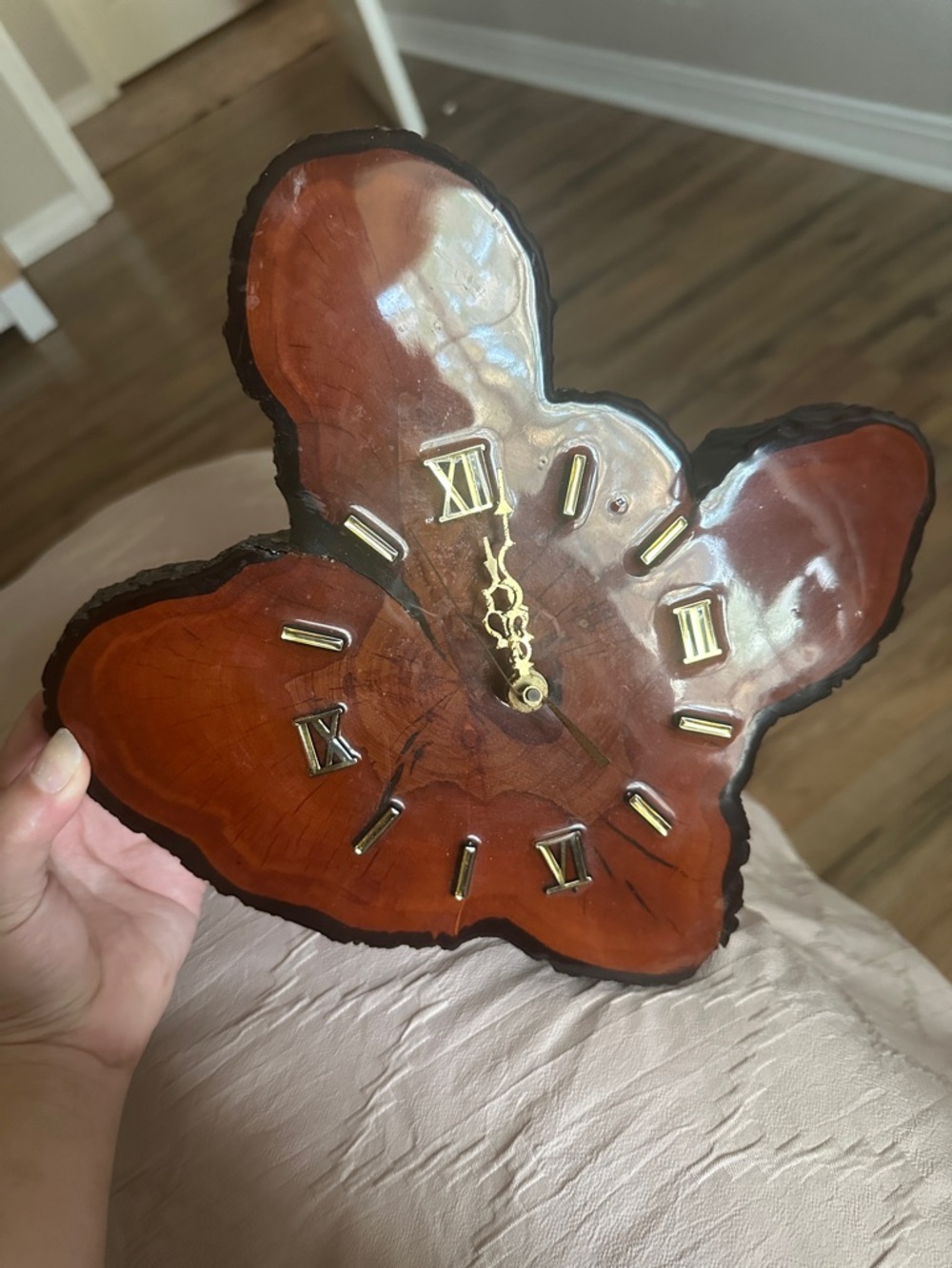 Source Unknown Brown Wood Slice Wall Clock with Gold Accents